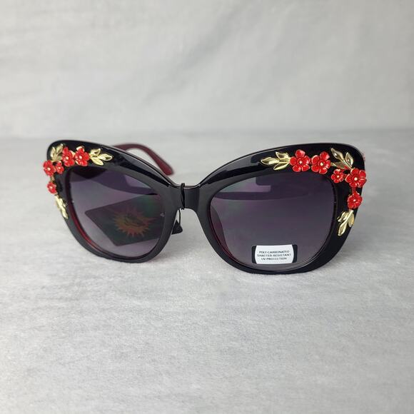 Statement Floral Embellished Cat-Eye Sunglasses Black Frame Red Gold Accents - Picture 1 of 10